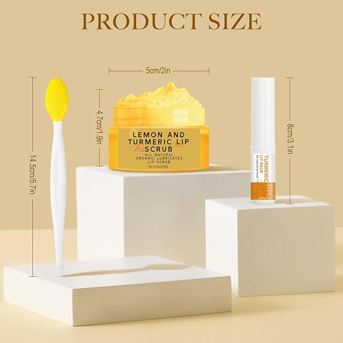 3PCS Turmeric Lemon Lip scrub and Turmeric Lip Balm with Brush Set, Lip Scrubber Exfoliator, Dark Lips Treatment for Smokers, Natural Exfoliator & Moisturizer Cracked, Dull, Reduce Fine Lines Lips