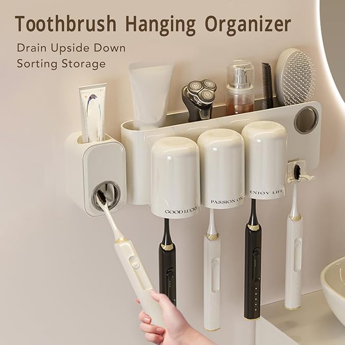 Wall Mounted Toothbrush and Toothpaste Cup Organizer Set No Drill Bathroom Storage Rack with Toothpaste Dispenser and Three Cups
