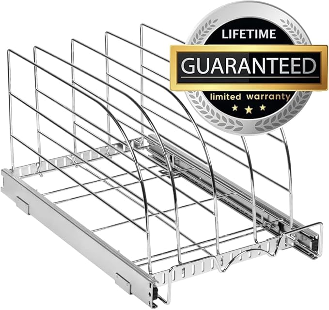 HOLDN’ STORAGE Pull Out Organizer for Bakeware, Cutting Board and Trays, Adjustable Dividers - Heavy Duty, Lifetime Limited Warranty - For Narrow Cabinet Spaces, 12.5”W x 21”D x 11”H, Chrome