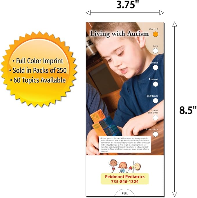 ZOCO - Living with Autism Slide Chart - Custom Promotional Item (Pack of 250) - Educational Guide for Caregivers, Brochure, Pamphlet - Doctor’s Office, Health Clinics Handout - 3.75 x 8.5 in.