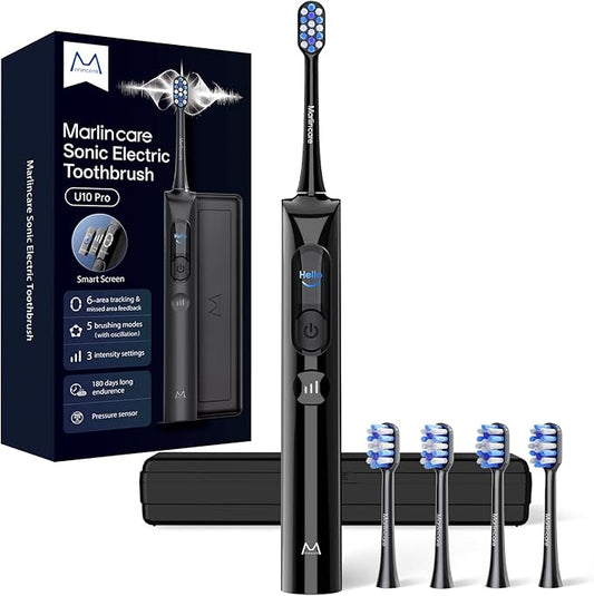 Electric Toothbrush, Sonic Toothbrush for Adults Teens with Pressure Sensor, AI Zone Cleaning Tracking, 5 Modes & 3 Intensities, 180 Days Battery Life, 4 Brush Heads with Travel Case, Black