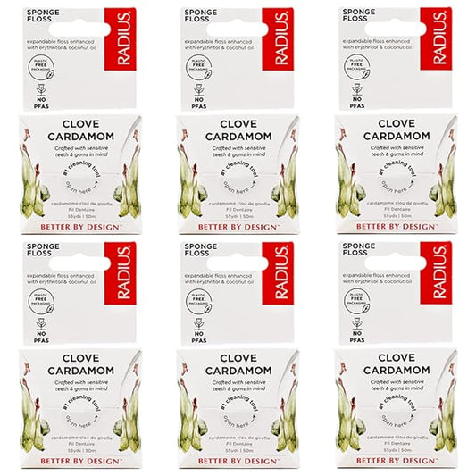 RADIUS Dental Floss, Sponge Floss, Clove Cardamom, 55 Yards, Vegan & Non-Toxic Oral Care Designed to Help Fight Plaque, Pack of 6