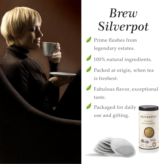 Silverpot Fennel & Peppermint - 50 Round Tea Bags | Naturally Caffeine Free | Fennel Seeds, Cooling Mint | Reusable Tin