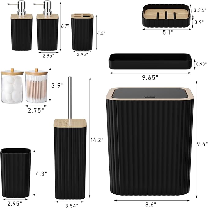 Bathroom Accessories Set - Elegant Black Bathroom Set, 10PC Bathroom Accessory Set, Toilet Brush, Trash Can, Qtip Holder Dispenser & Soap Dispenser