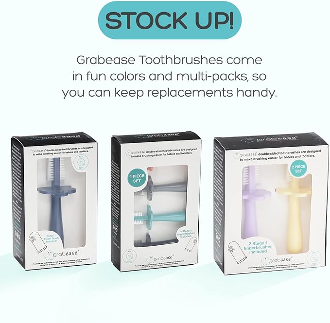 grabease Toddler Toothbrush - Double-Sided Soft Silicone Bristles & Anti-Choke Shield - Baby Toothbrush & Finger Brush for 12+ Months - Navy, 1 Count