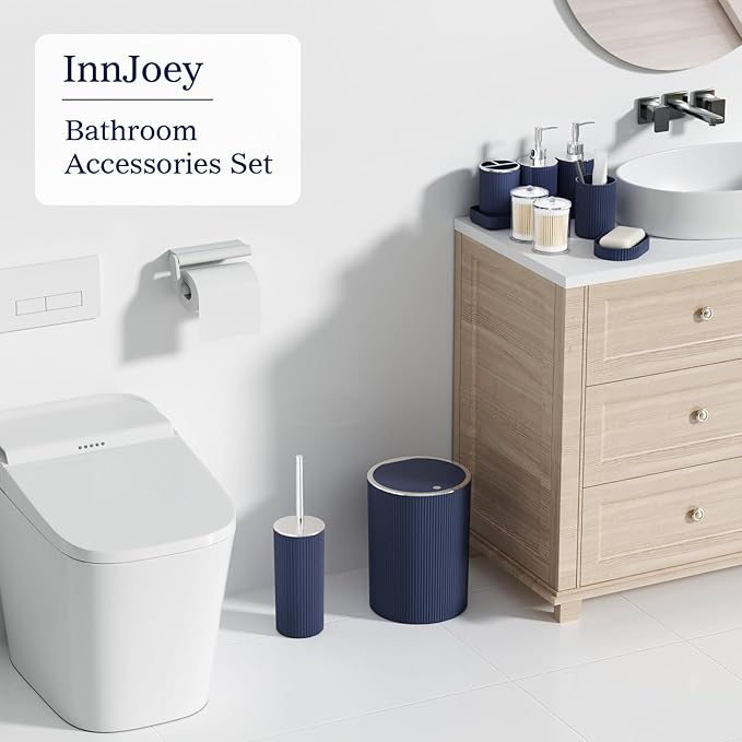 Navy Blue Bathroom Accessories Set - Bathroom Sets, 25PC Bath Accessory Set, Bathroom Sets with Push Top Trash Can, Shower Curtain and Rugs, Toilet Brush, Trash Can & Soap Dispenser