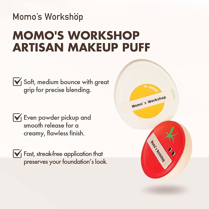 Momo’s Workshop Sun Egg Makeup Sponge Puff & Tomato Makeup Sponge Set - 2PC Medium Bounce Rubycell Foundation Puffs for Creamy Finish, Quick Blending, Comfortable for All Skin Types & Storage Case