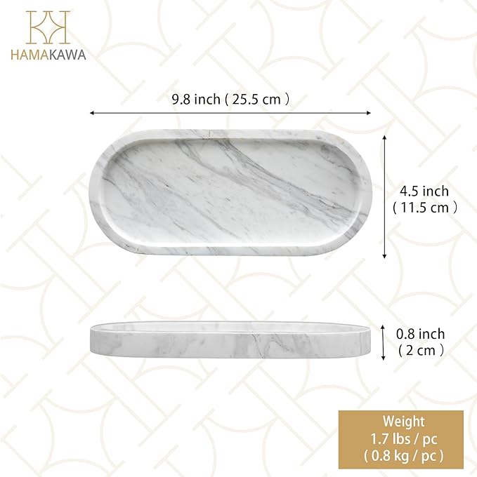 Oval Bathroom Vanity Tray, Large Natural Marble Sink Tray 10 inch, Volakas White Stone Soap Trays, Modern Perfume Trays, Countertop Organizer for Kitchen, Coffee Table, Home Decor