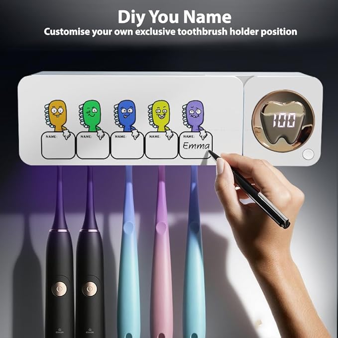 Bathroom Toothbrush Holder, Labelable with User Name, Multi-Slot Toothbrush Cleaner, Rechargeable Toothbrush Holder, Wall Mounted, for Bathroom, No Drilling Required, 5 Slots