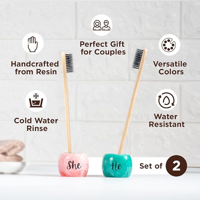Folkulture Resin Toothbrush Holders | Set of 2 (2") Tooth Brush Holder for Bathrooms | Countertop Toothbrush Holders for Couples | Pink Toothbrush Holder | Brush Holder for Vanity