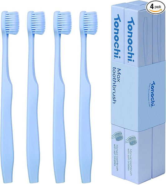 Max Extra-Soft Toothbrush for Adults Sensitive Gums – Gentle Bristles, Wide Angled Head for Back Teeth, Ergonomic Non-Slip Grip, BPA-Free Handle, Individually Wrapped, 4-Pack(Blue)