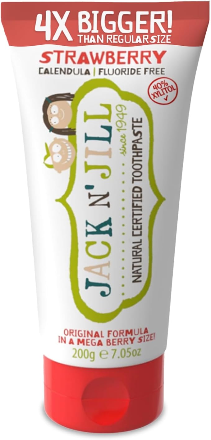Jack N' Jill Mega Toothpaste 4x More - Natural Toddler Toothpaste for Baby, Kids & Infants 6 Months & Up, Fluoride Free Training Toothpaste for Toddlers 1-3, 40% Xylitol - Strawberry, 7.05 oz (1-Pack)