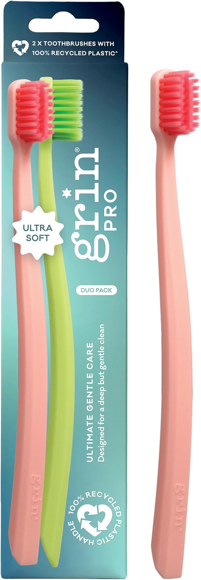 Grin Pro Ultimate Gentle Care Toothbrush, Ultra Soft, 2 Count, Designed for Sensitive Teeth and Gumlines, 100% Recycled Plastic Handle