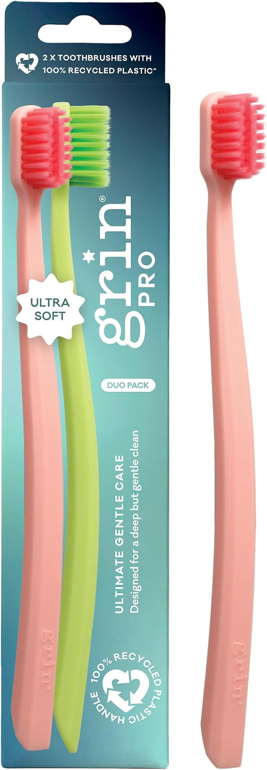Grin Pro Ultimate Gentle Care Toothbrush, Ultra Soft, 2 Count, Designed for Sensitive Teeth and Gumlines, 100% Recycled Plastic Handle