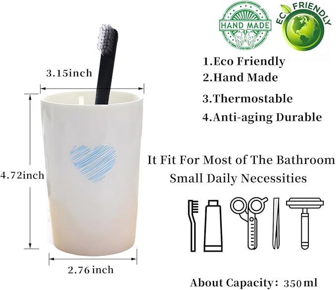 Kelake White Ceramic Tumbler Cup for Bathroom Toothpaste Toothbrush Holders Water Milk Drinks Cup 350 ml Bathroom Blue Heart Couples Cup for Christmas Birthday