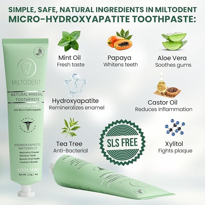 MILTODENT Premium Hydroxyapatite Toothpaste –15% Micro-Hydroxyapatite | Fluoride-Free, Best Taste, Foam-Free, Natural Mineralizing| Safe Alternative to Nano-Hydroxyapatite | SLS-Free & Natural - 2Pack