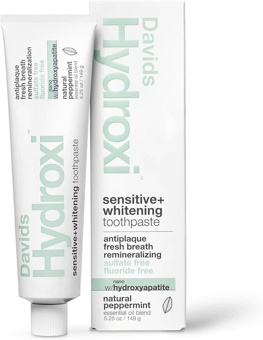Davids Hydroxi Fluoride Free Nano Hydroxyapatite Toothpaste for Remineralizing Enamel & Sensitive Relief, Whitening, Antiplaque, SLS Free, Natural Peppermint, 5.25oz, Made in USA