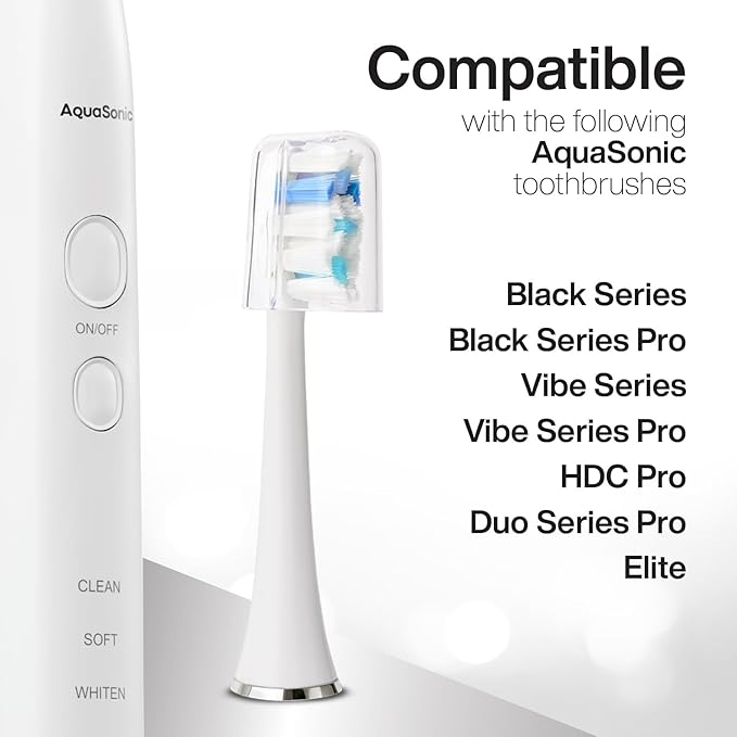 AquaSonic Genuine Proflex Replacement Brush Heads | ADA Accepted | for Whiter Teeth & Gum Care | Compatible with Many AquaSonic Toothbrush Handles (8 Pack White)