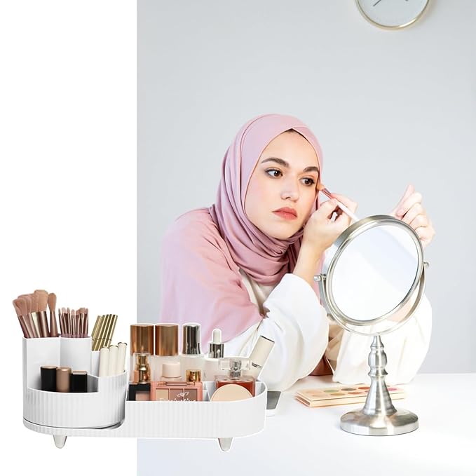 Makeup Organizer Countertop Rotating Makeup Organizer for Vanity Large Capacity Cosmetic Display Case with Makeup Brush Holder Cosmetic Organizer Countertop（White）