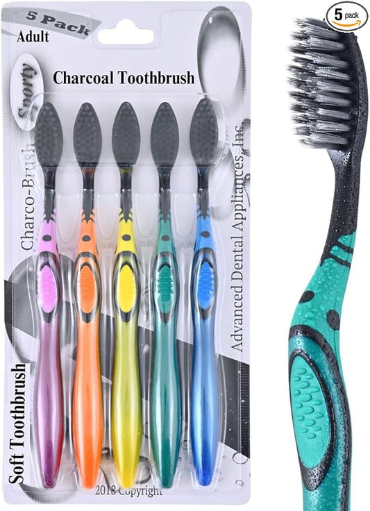 ADA Cavity Defense Activated Charcoal Toothbrush 5 Pack Ultra-Soft Flosspick Bristle for Sensitive Teeth & Gums, Aids in Teeth Whitening, Extra Soft, Easy Grip (5 Count)
