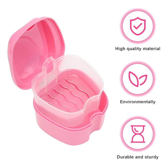 Denture Case, Denture Cup with Strainer, Coolrunner Denture Bath Box False Teeth Storage Box with Basket Net Container Holder for Travel, Retainer Cleaning(Pink）