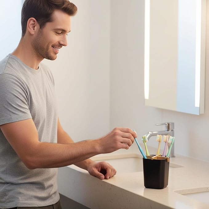 Bamboo Toothbrush Holder 4 Slots Toothpaste Toothbrush Holder for Bathroom Easy Cleaning Detachable(Black)