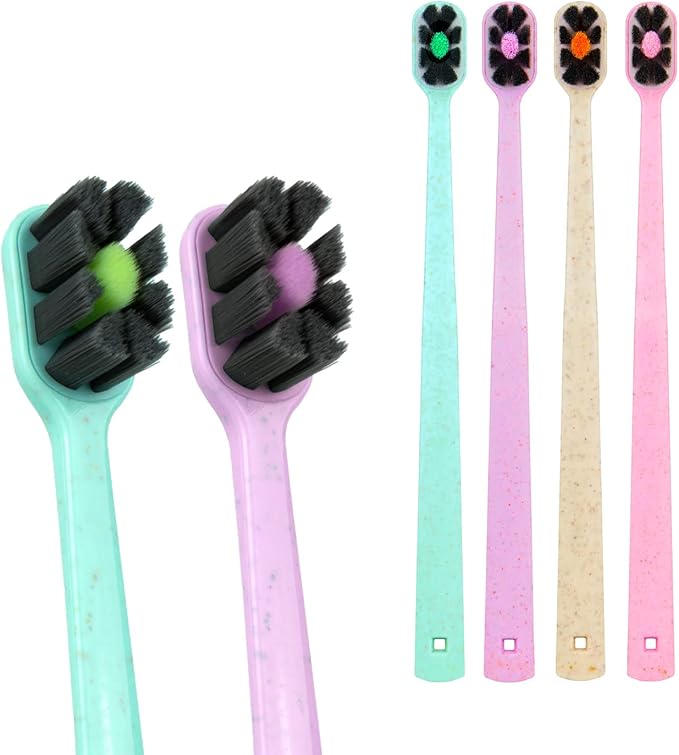 Lindo EcoCare Polishing Toothbrush - Charcoal Infused Bristles & Biodegradable Handle, for Sensitive Gums and Teeth, 12000+ Ultra Fine Charcoal Infused Bristles, Soft and Gentle, Pack of 4 (Pink)