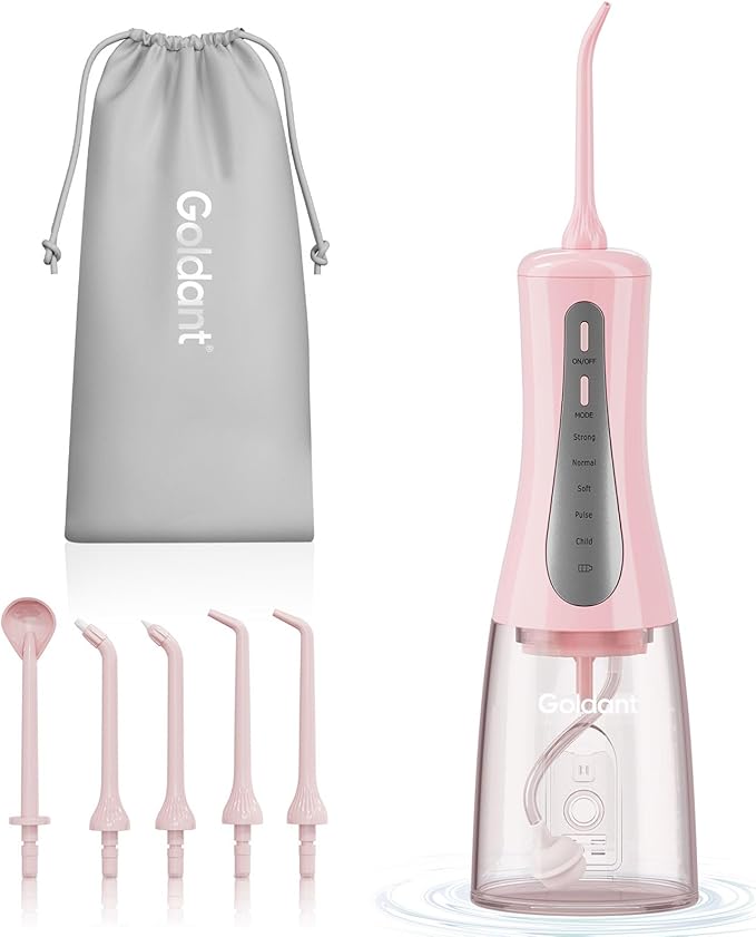 2026 Upgrade Portable Cordless Water Flosser, 350ML Tank & Travel Storage Bag, 5 Modes IPX7 Waterproof for Home & Travel, USB Rechargeable Electric Dental Flosser for Teeth Cleaning (Pink)