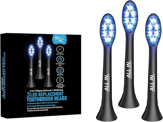 ALL IN Replacement Heads for ALL IN Sonic Electric LED Whitening Toothbrush with Blue & RED LED Light Technology and 4 Advanced Deep Cleaning Modes with a Timer, BPA Free and PHTHALATES Free (3)