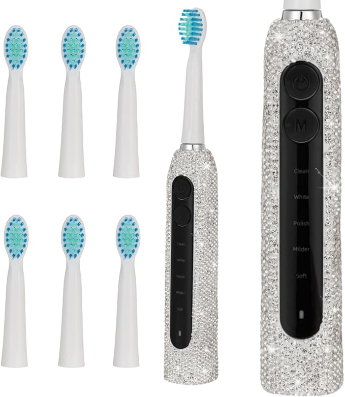 Diamond Sonic Electric Toothbrush Bling Rechargeable Toothbrushes for Adults with 6 Brush Heads Vibrating Toothbrush-5 Modes, USB-C Fast Charge,2Min Smart Timer,IPX7 Waterproof(White)