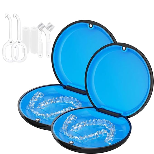 2 Retainer Case, Slim Aligner Cases for Invisalign, Mouthguard Case with Removal Tools& Aligners Chewies& Brush, Removable Inner Tray Silicone for Easy Cleaning (Black-2pcs)