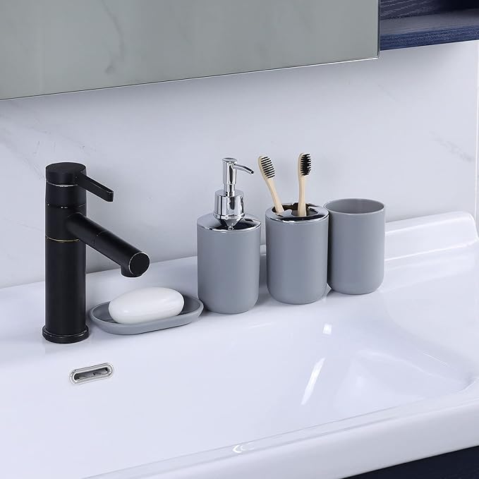 IMAVO Bathroom Accessories Set,Grey Bathroom Set,7 Pieces Bathroom Accessory Set,Tray,Toilet Brush,Trash Can for Bathroom Décor and Housewarming Gifts
