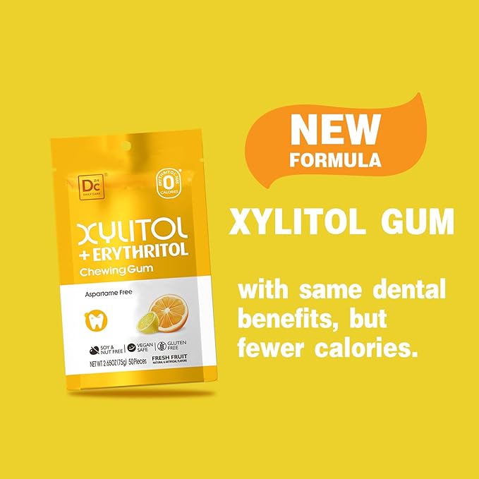 DC24 DAILY CARE Gum, Aspartame Free & Sugar Free, Xylitol Chewing Gum with Erythritol, Low-Calorie, Sugarless, Fresh Fruit Flavored Gum, 50 Pieces (Pack of 2)
