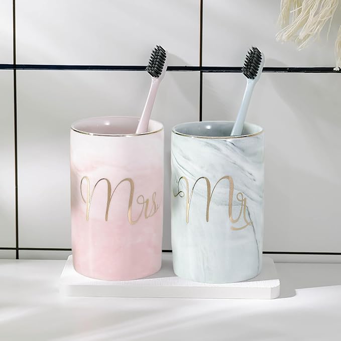 Kelake Ceramic Rustic Gray Marble Bathroom Tumbler Cup for Mouthwash Rinsing Toothbrush and Toothpaste Holder Letters Stand Cups 280 ml Porcelain Milk Drinking Cups for Christmas Birthday