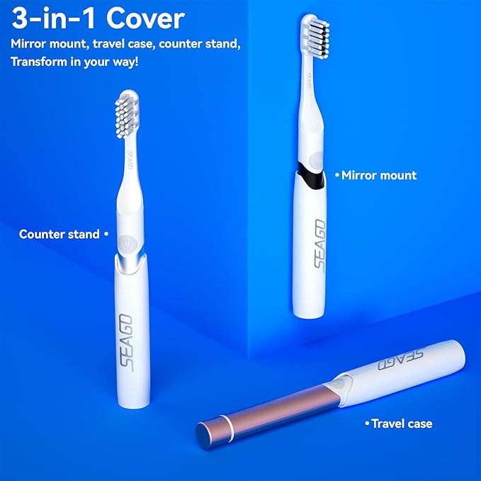 SEAGO Electric Toothbrush for Adults - 3 in 1 Holder with 8 pcs Replaceable Brush Battery Operated Travel Toothbrush kit Portable and 2 Minute Timer (Silver, Middle)