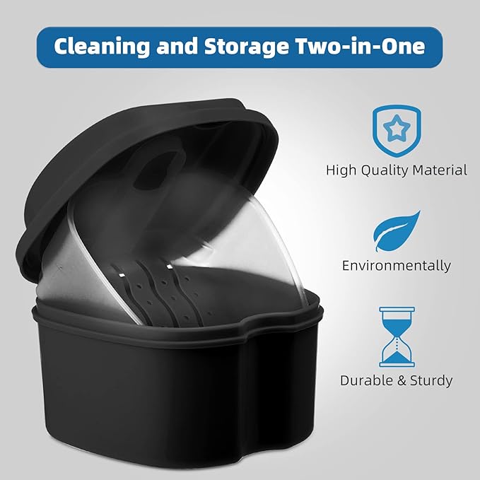 Annhua Denture Cup Retainer Cleaning Case Denture Soaking Container With Strainer Basket, Denture Cups For Soaking Dentures Mouthguard Storage Holder - Black