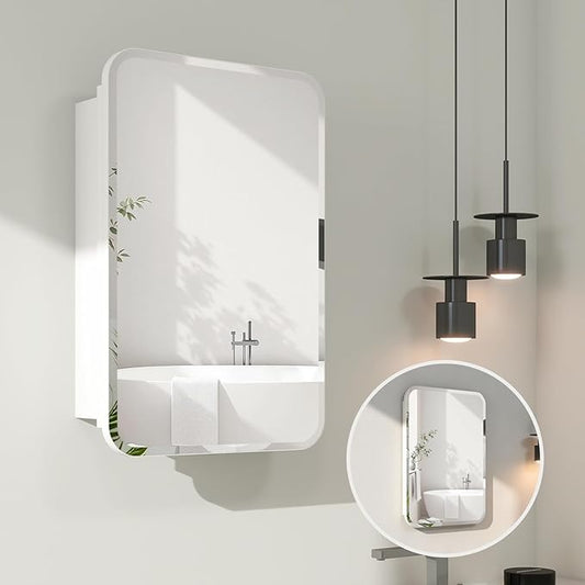 Rectangle Medicine Cabinet with Beveled Edge Mirror, No-Assembly Bathroom Wall Cabinet with Mirror, Adjustable Shelves, Tissue Slot, Recessed or Surface Mount (36" H x 24" W)