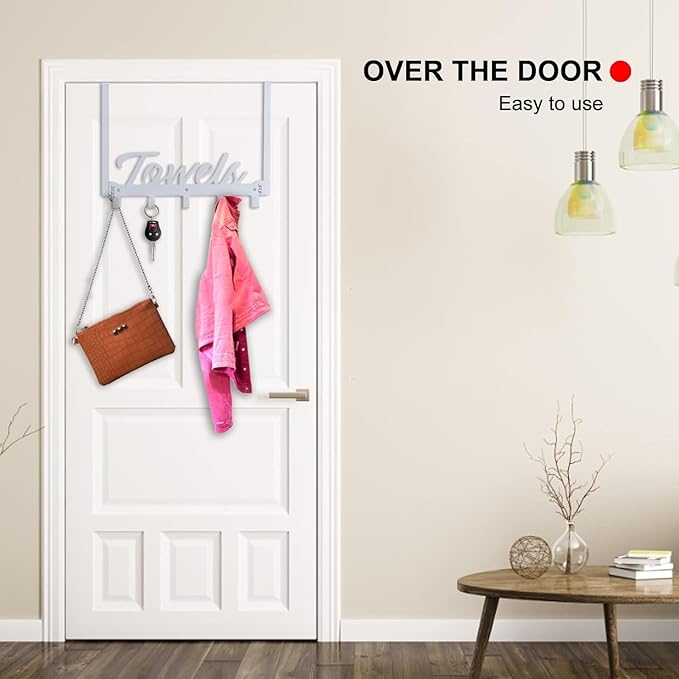 Over The Door Hooks, Towel Rack for Bathroom Towel Holder for Hanging Heavy Duty, Wall Mount Towel Hanger with 6 Hooks for Bedroom Bathroom Kitchen Towels, Bag, Coats, Hats - Silver