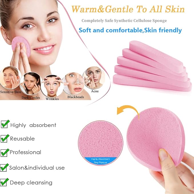 Compressed Facial Sponge,Reusable Makeup Blender 60 Count,Soft Round Wash Sponges for Estheticians Makeup Removal,Face Cleansing Exfoliating Compress Spa Pads for Women,Pink