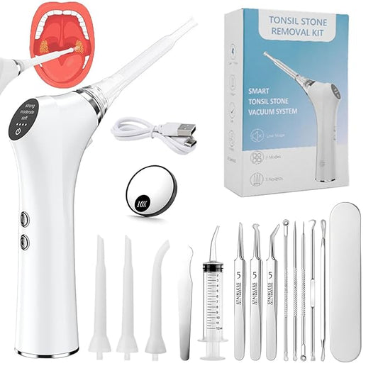 Electric Tonsil Stone Remover – High-Precision & Painless Cleaning, Food-Grade Suction Tool with LED Light, 12 Attachments & Vacuum Cleaning for Tonsil Stones, Bad Breath Relief