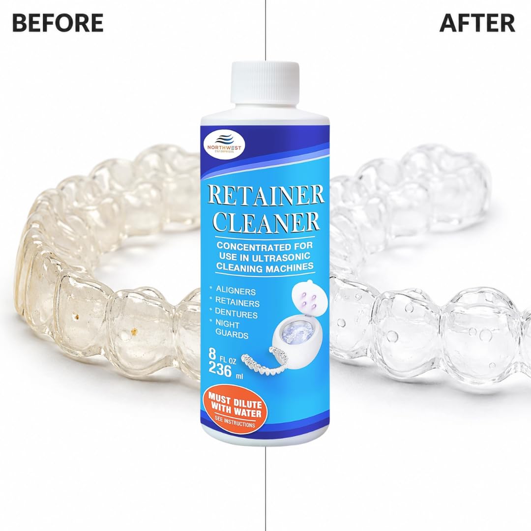 A bottle of Retainer Cleaner centered on a white background, with clear dental retainers shown behind it and the words BEFORE and AFTER in the top corners.