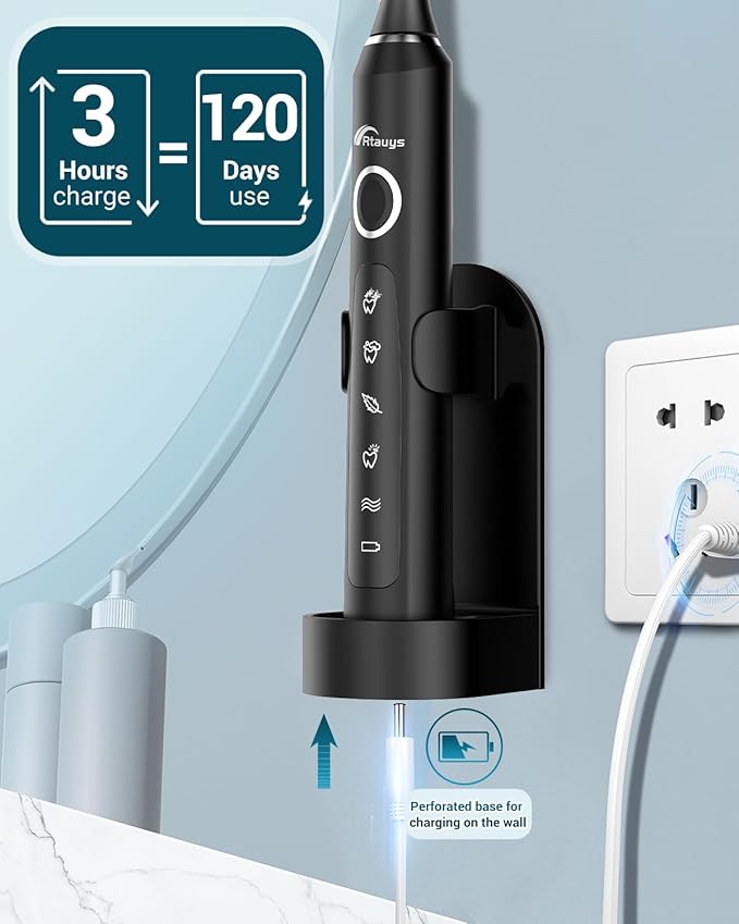 Rtauys M5 Sonic Electric Toothbrush for Adults and Kids - Rechargeable Toothbrush with Electric Toothbrush Cover, 8 Brush Heads & Travel Case, 120 Days Battery Life - BlackSilver