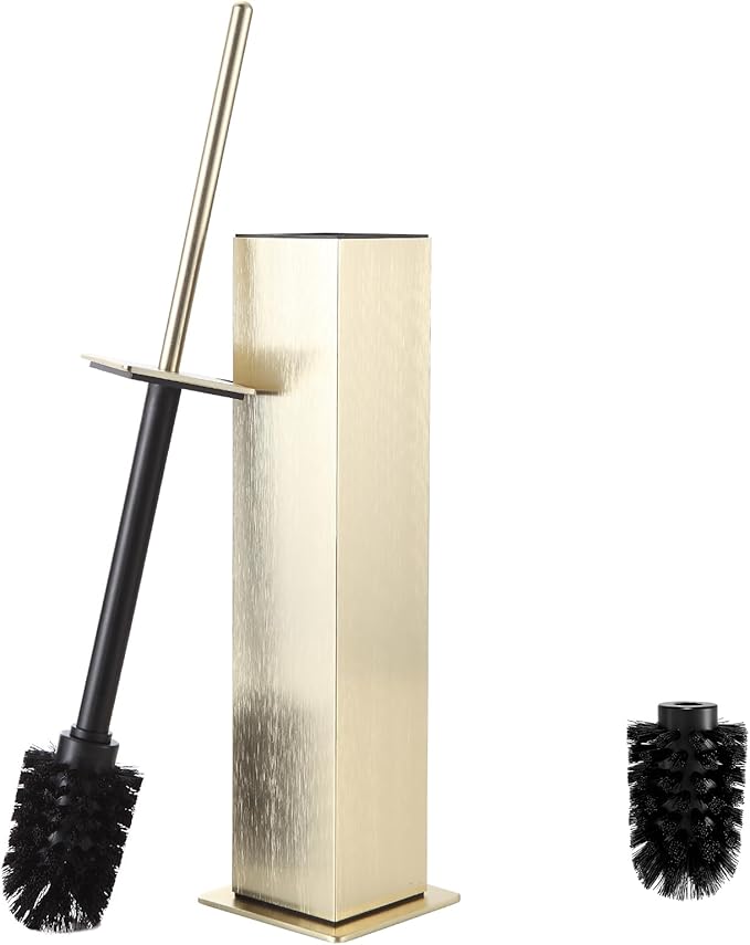 Toilet Brush and Holder Floor Standing, Brushed Gold with 2 Replaceable Heads, Bathroom Toilet Brush, Freestanding Toilet Bowl Brush with Removable Liner and Splash Guard, Modern Square Design