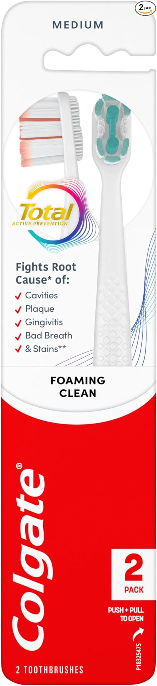 Colgate Total Active Prevention Foaming Clean Medium Toothbrushes, Medium Bristle Toothbrush Pack for Plaque Removal, Helps Reach Deeper Along The Gumline and Between Teeth, White, 2 Pack