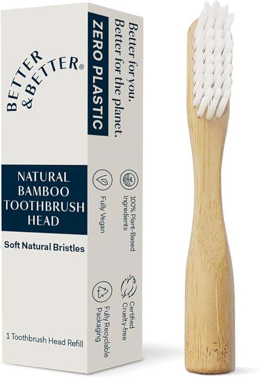 Better & Better Natural Bamboo Toothbrush Head Refill | Soft Bristles | 100% Plant-Based | Replaceable Brush Head Only | Eco-Friendly, Zero Plastic | Adult Size, Fits Reusable Handle