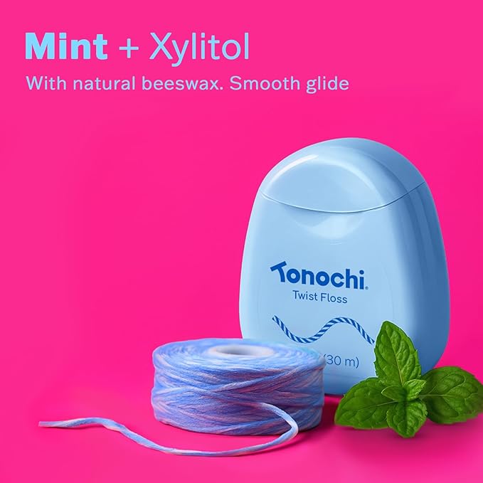 Twist Woven Dental Floss, Two-Tone Color Fibers for Visible Plaque Tracking, Shred-Resistant Braided Texture, Smooth Ribbon-Like Glide, Gentle on Gums, Mint + Xylitol, 3-Pack (33 yd Each)