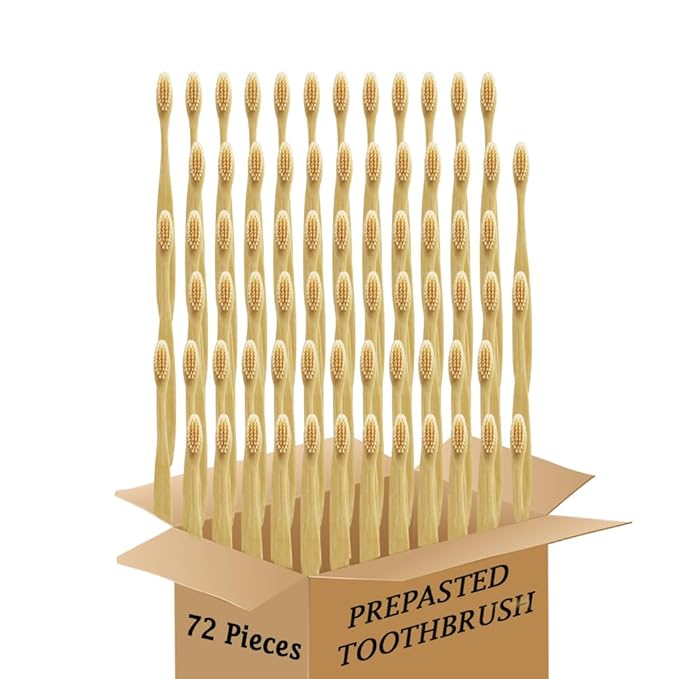 Bamboo Toothbrush Prepasted Disposable Toothbrsuh Soft Bristles Prepasted Toothbrush,Disposable Toothbrsuh (72 Pieces Beige)