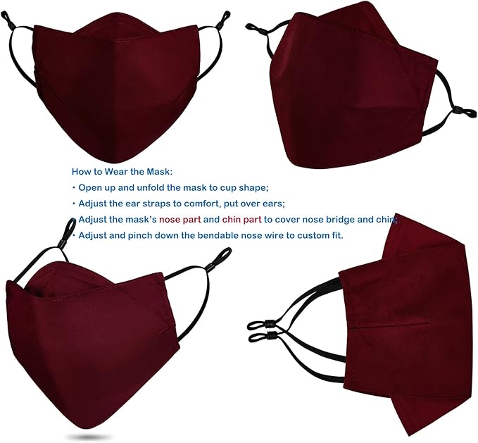 Reusable 3-Ply Cloth Face Mask Adjustable Ear Loops/Nose Wire/Filter Pocket, Washable Organic Cotton Masks Dustproof Outdoor for Women Men Adults (3 Burgundy)