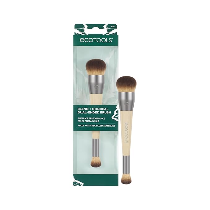 EcoTools Blend + Conceal Dual-Ended Makeup Brush, Foundation & Concealer Brush For Liquid & Cream Formulas, Face Makeup Brush, Synthetic Bristles, Vegan & Cruelty-Free, Travel & Eco-Friendly, 1 Count