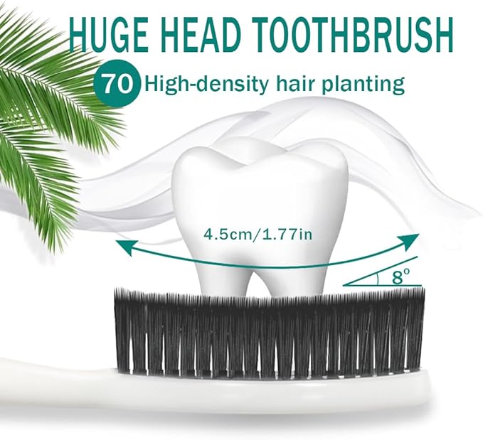 Large Long Head Toothbrush, 4-Pack, Upgraded Hard & Firm Charcoal Bristles, Whitening Teeth, Removing Plaque, Brace, Cigarette, Coffee and Other Stains, Suitable for Daily Oral Care.